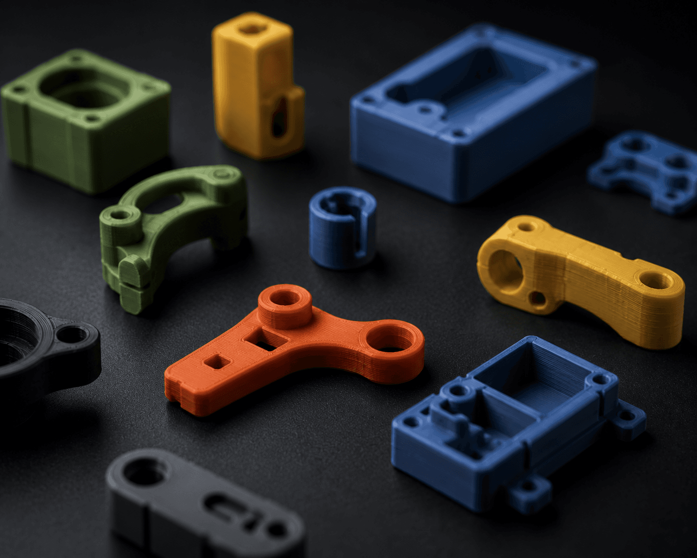 A group of colorful 3D printed prototype parts arranged on a dark surface.