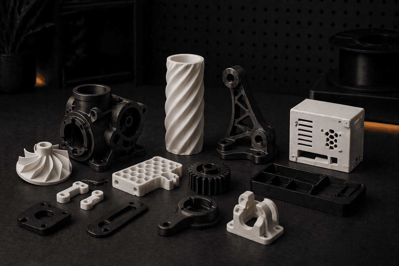 Design + Print projects category image showing a range of technical and custom 3D printed parts and prototypes.
