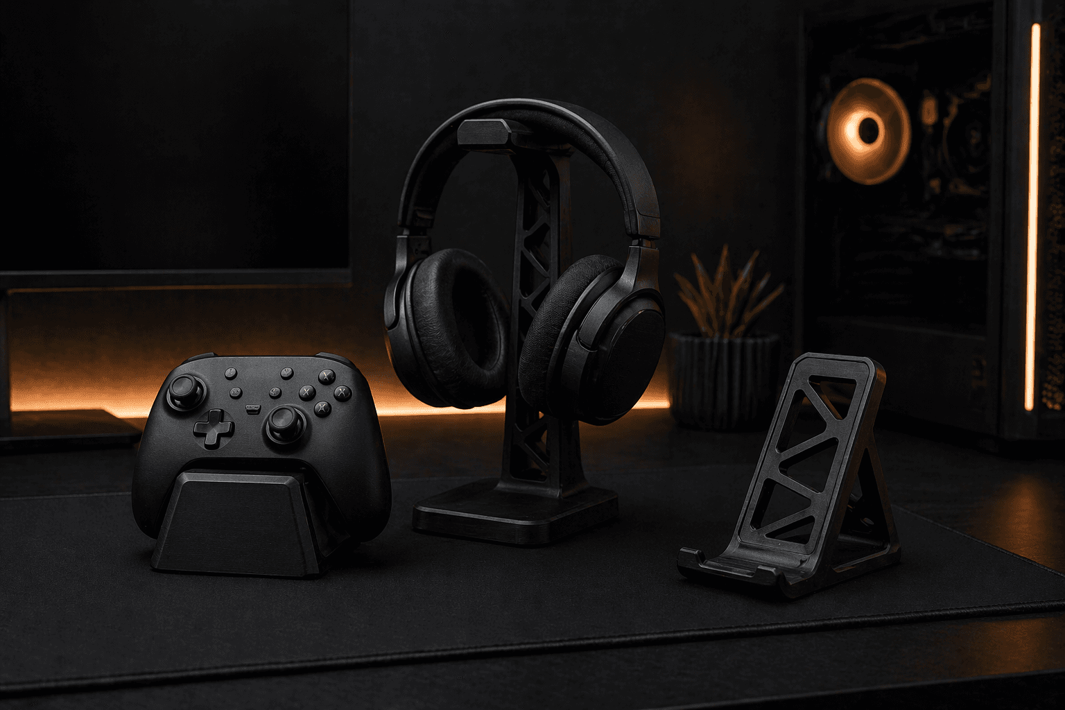 Gaming setups category image showing clean accessory pieces including a controller dock, headset stand, and desk tools.