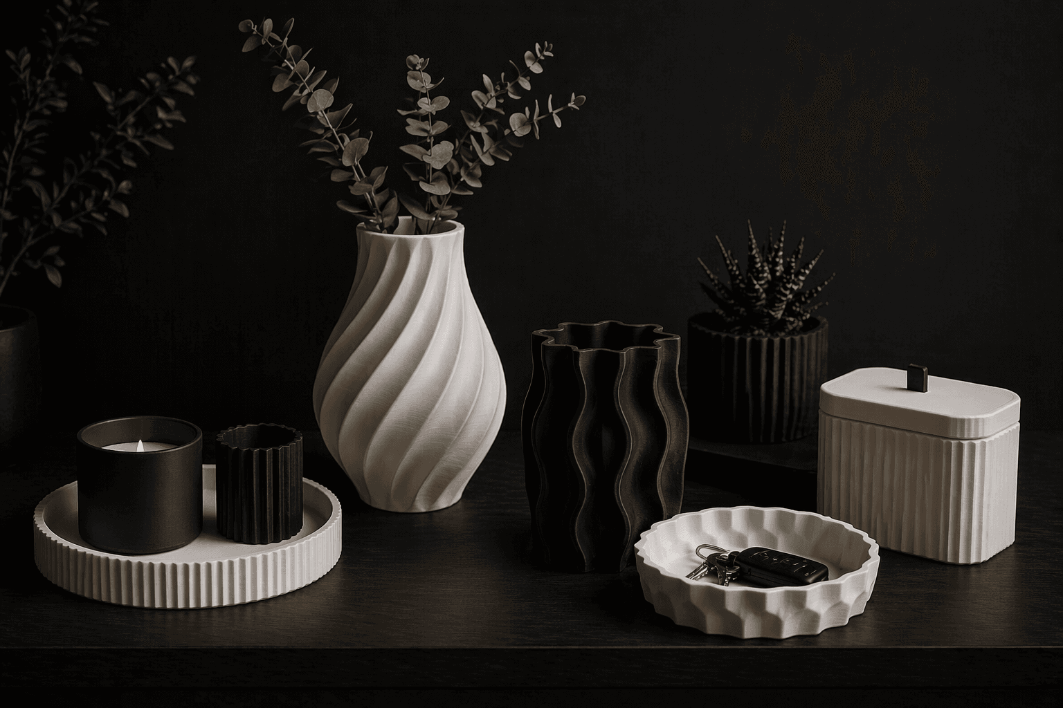 Home essentials category image showing minimalist vases, trays, and containers styled in a modern interior.